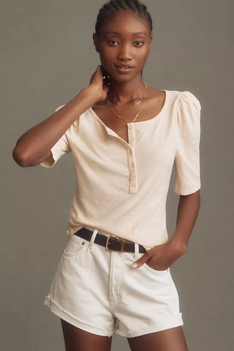 Anthropologie Puff-Sleeve Henley Top Tee Shirt Tan Sable Size XXS New